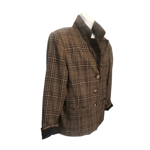 Vintage 90s Plaid Wool Blazer Prophecy Black & Tan Houndstooth L 12 - Picture 4 of 8
